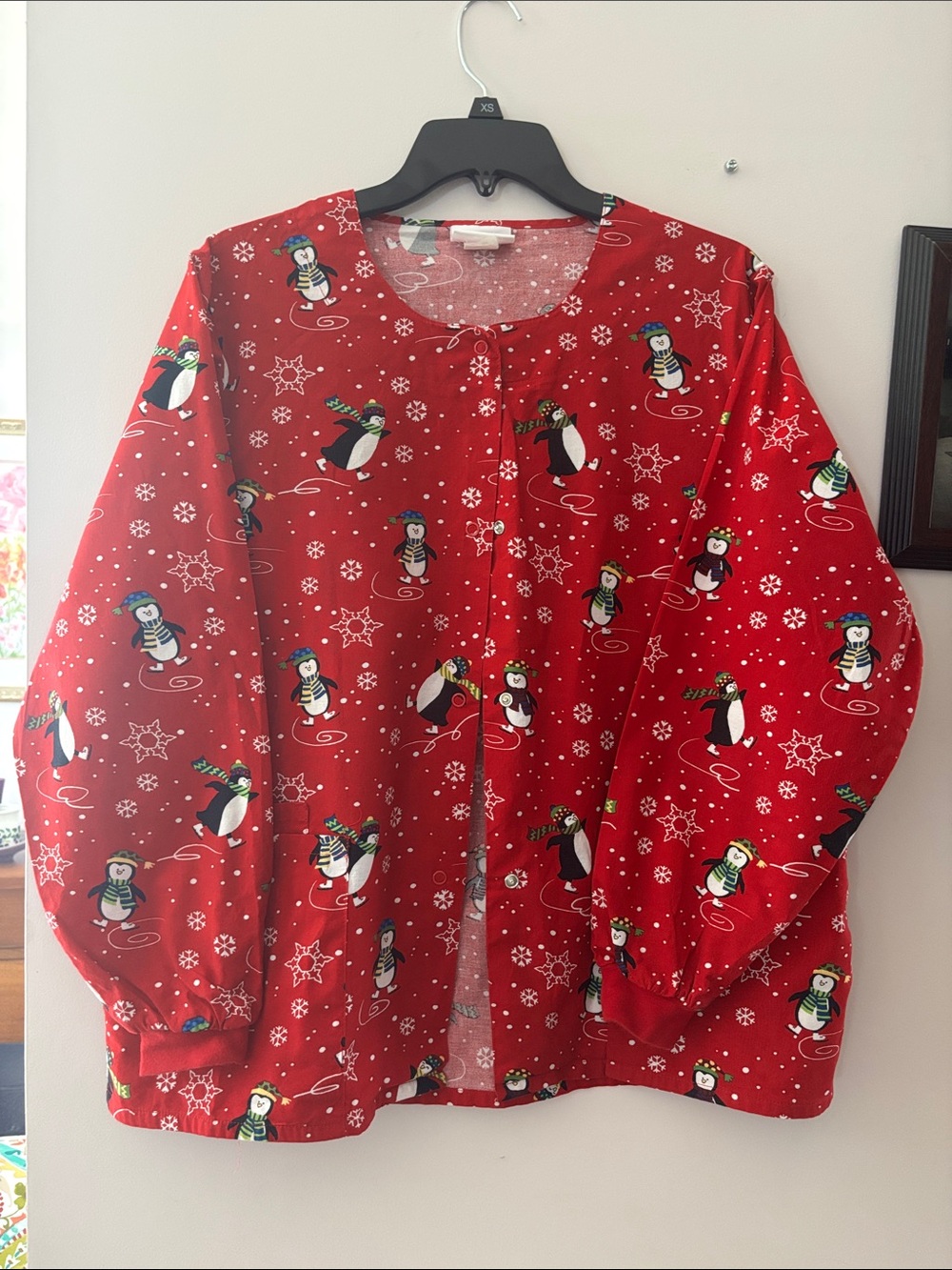 Red Penguin-Print Women’s Holiday scrub Jacket